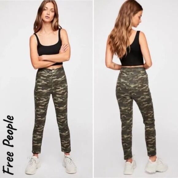 Free People Urban Outfitters Camo High-Rise Skinny Stretch Jeans Green 26 - Picture 1 of 10